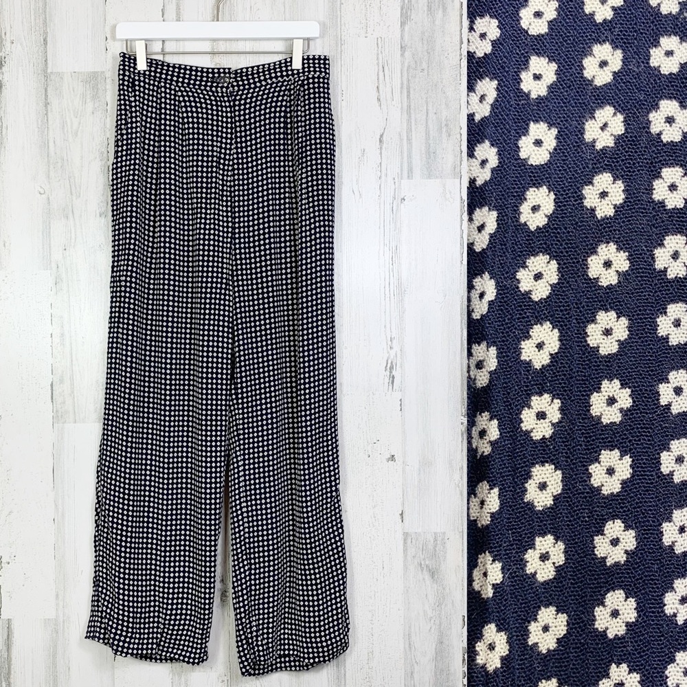 Vintage High Rise Navy Flower Print Elastic Waist Trousers Size Large